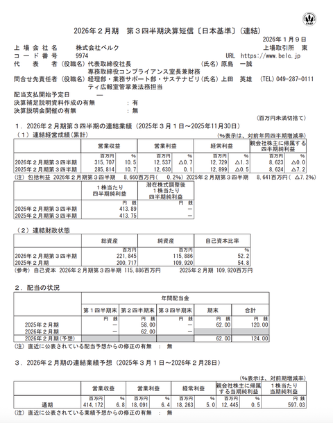 ベルク 2026年2月期第3四半期決算