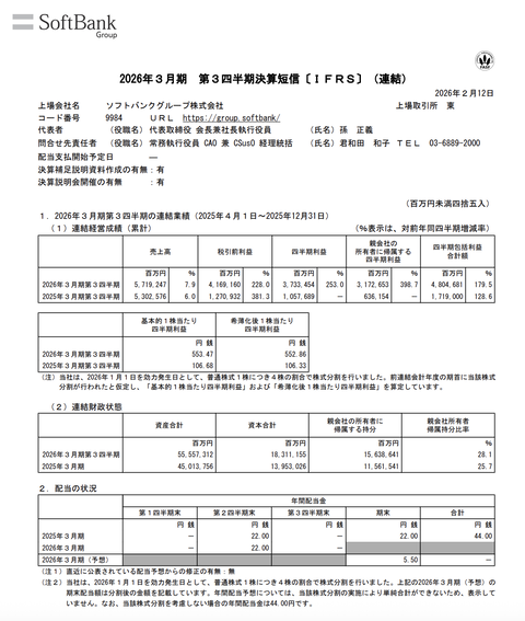 ソフトバンクグループ 2026年3月期第3四半期決算