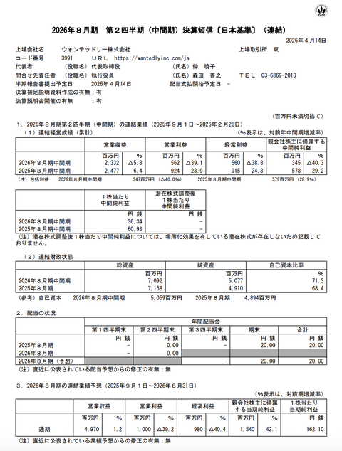 ウォンテッドリー 2026年8月期第2四半期決算
