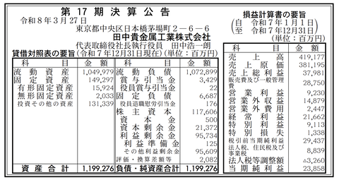 田中貴金属工業 決算公告（第17期）