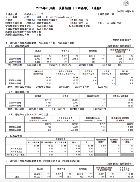 ココナラ 2025年8月期通期決算