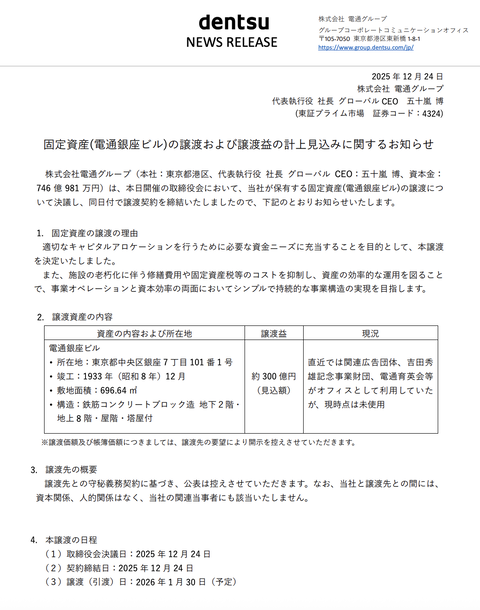 電通グループが「電通銀座ビル」の譲渡を発表　譲渡益約300億円を2026年度に計上へ