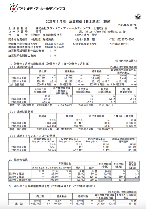 フジ・メディアHD 2026年3月期通期決算