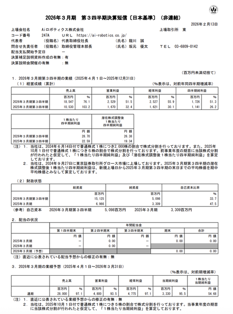 Aiロボティクス 2026年3月期第3四半期決算