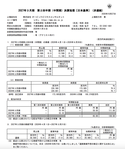 オービックビジネスコンサルタント 2027年3月期第2四半期決算