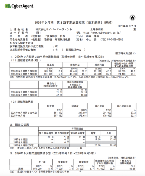 サイバーエージェント 2026年9月期第3四半期決算