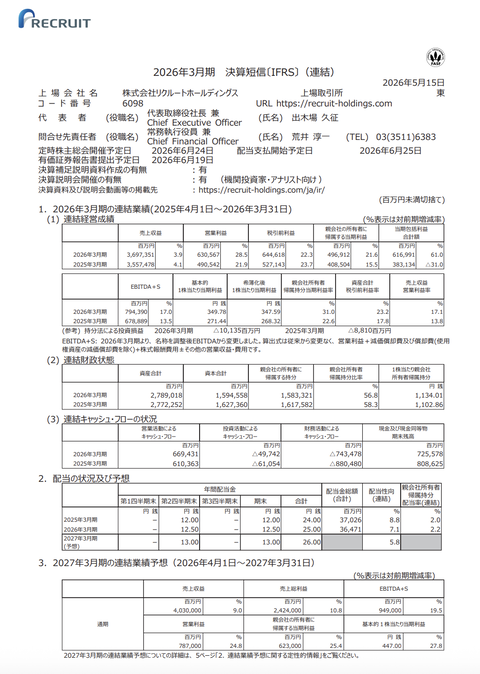 リクルートHD 2026年3月期通期決算