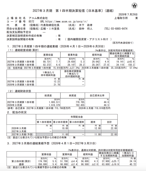アコム 2027年3月期第1四半期決算