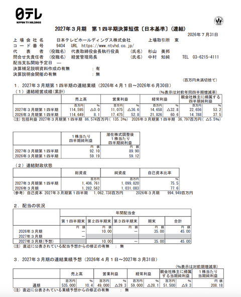 日本テレビHD 2027年3月期第1四半期決算