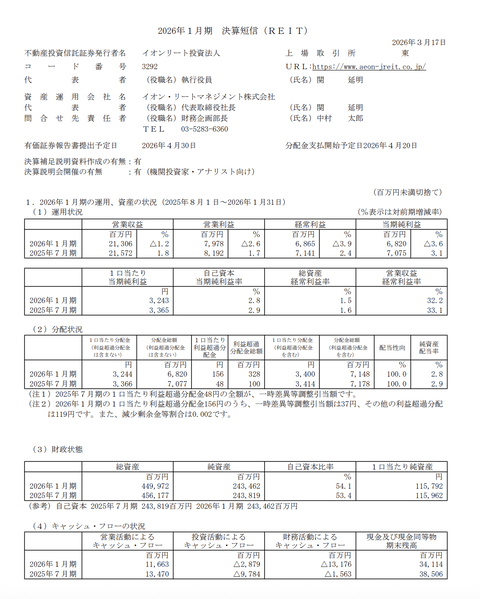 イオンリート投資法人 2026年1月期通期決算