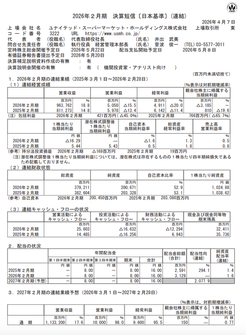 ユナイテッド・スーパーマーケットHD 2026年2月期通期決算