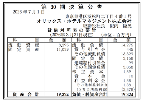 オリックス・ホテルマネジメント 決算公告（第30期）
