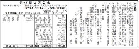 日刊スポーツ新聞北海道本社 決算公告（第64期）