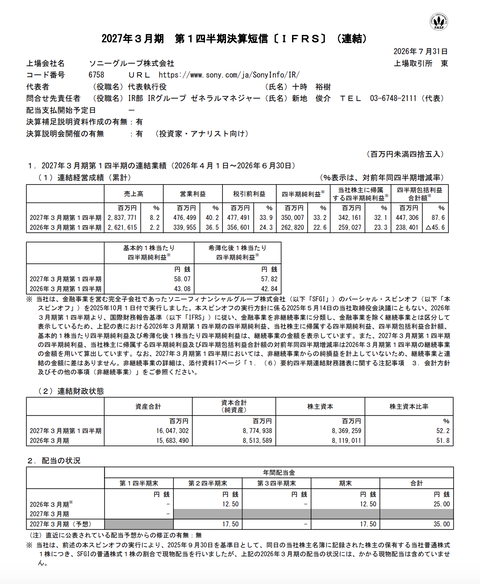 ソニーグループ 2027年3月期第1四半期決算