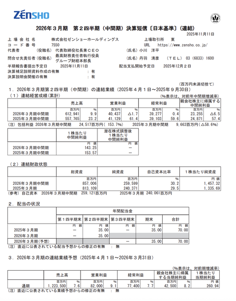 ゼンショーHD 2026年3月期第2四半期決算