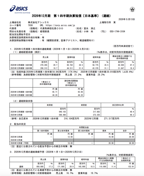 アシックス 2026年12月期第1四半期決算