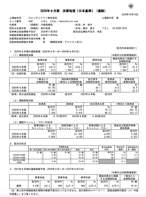 ウォンテッドリー 2026年8月期通期決算