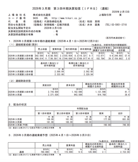 光通信 2026年3月期第3四半期決算