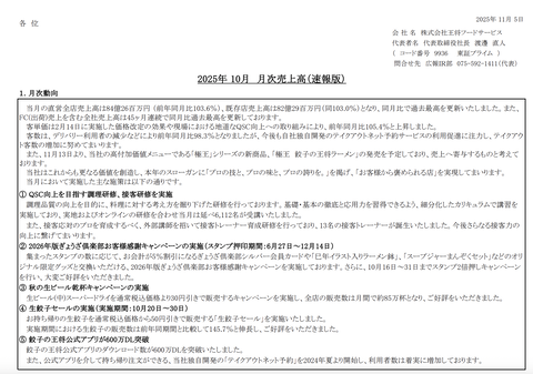 餃子の王将 月次業績（2025年10月度）