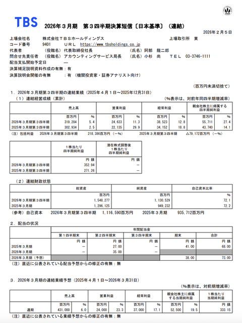 TBS HD 2026年3月期第3四半期決算