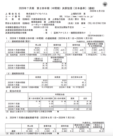 アイモバイル 2026年7月期第2四半期決算
