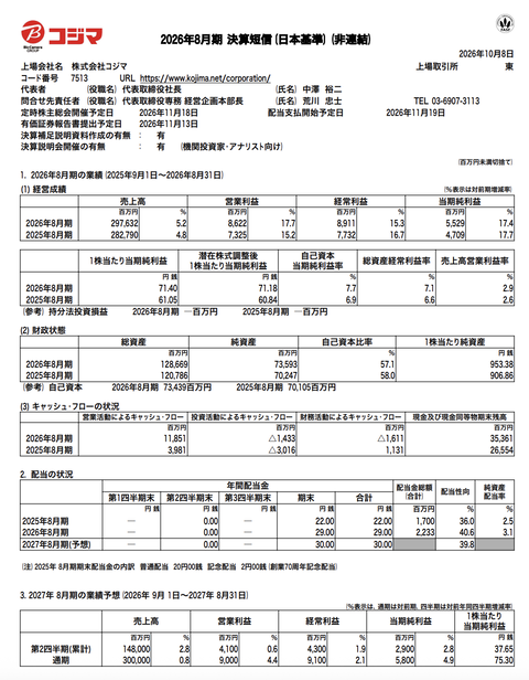 コジマ 2026年8月期通期決算