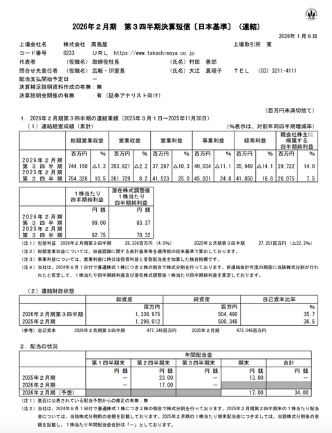 髙島屋 2026年2月期第3四半期決算