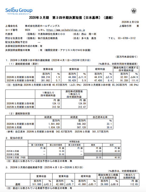 西武ホールディングス 2026年3月期第3四半期決算