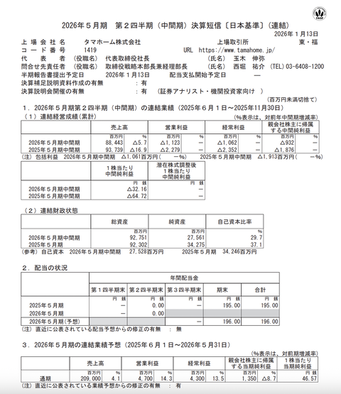 タマホーム 2026年5月期第2四半期決算