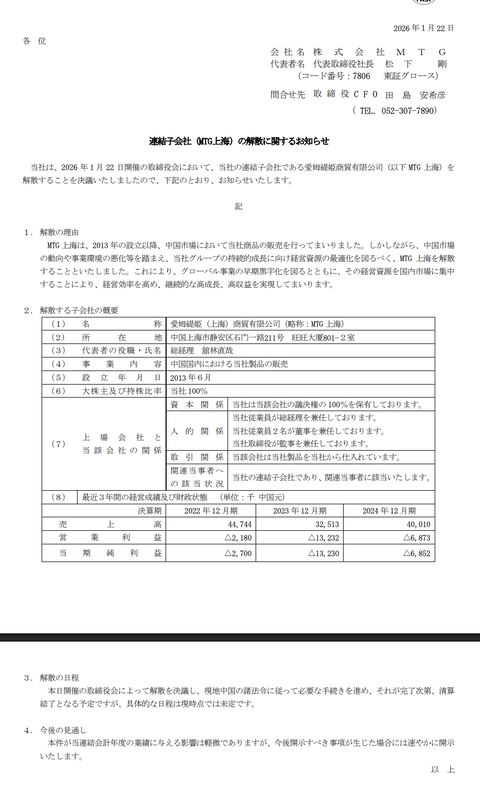 MTGが「MTG上海」の解散を発表　中国市場の動向や事業環境の悪化等を考慮