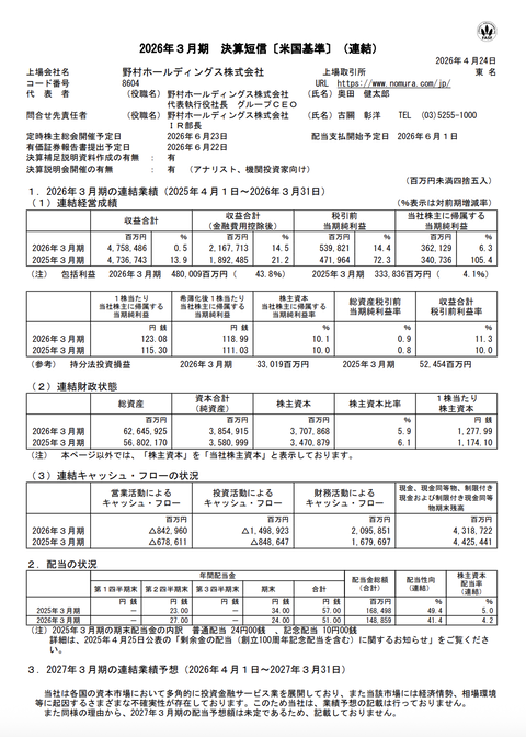 野村ホールディングス 2026年3月期通期決算