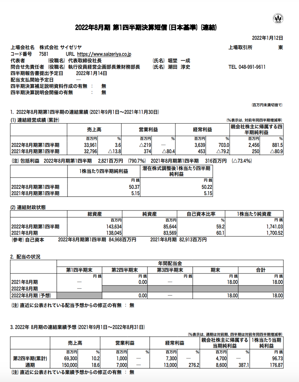 官報ブログ サイゼリヤ 2022年8月期第1四半期決算