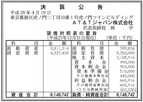AT&Tジャパン決算