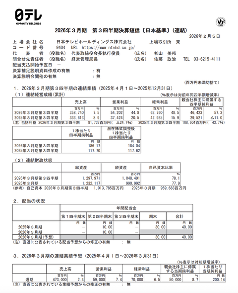 日本テレビHD 2026年3月期第3四半期決算