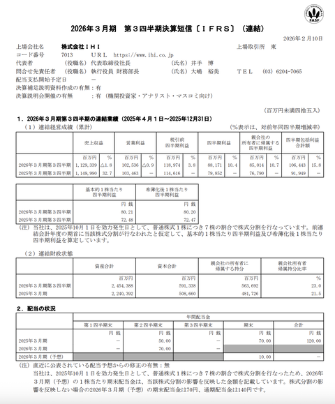 IHI 2026年3月期第3四半期決算
