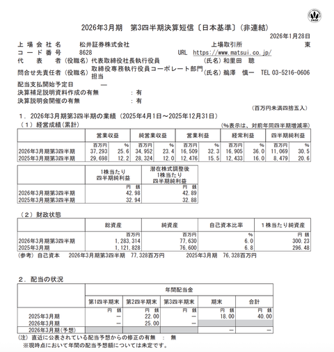 松井証券 2026年3月期第3四半期決算