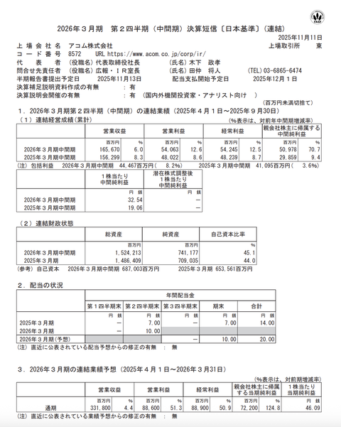 アコム 2026年3月期第2四半期決算