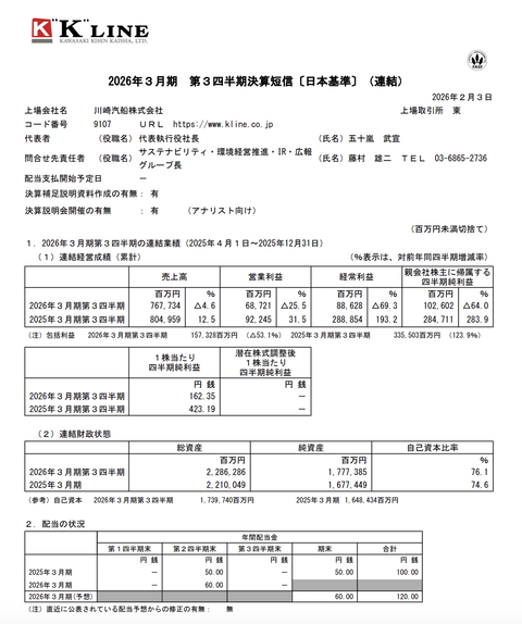 川崎汽船 2026年3月期第3四半期決算