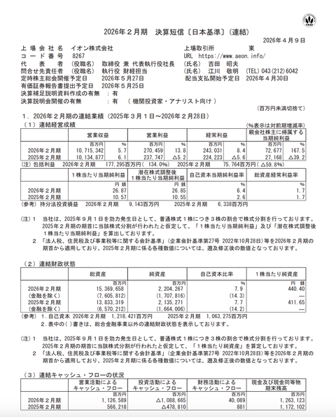 イオン 2026年2月期通期決算