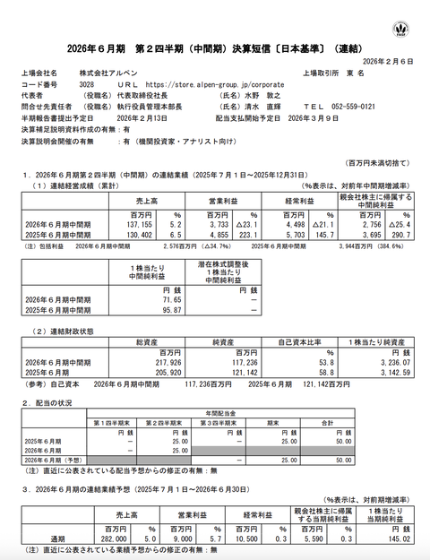 アルペン 2026年6月期第2四半期決算