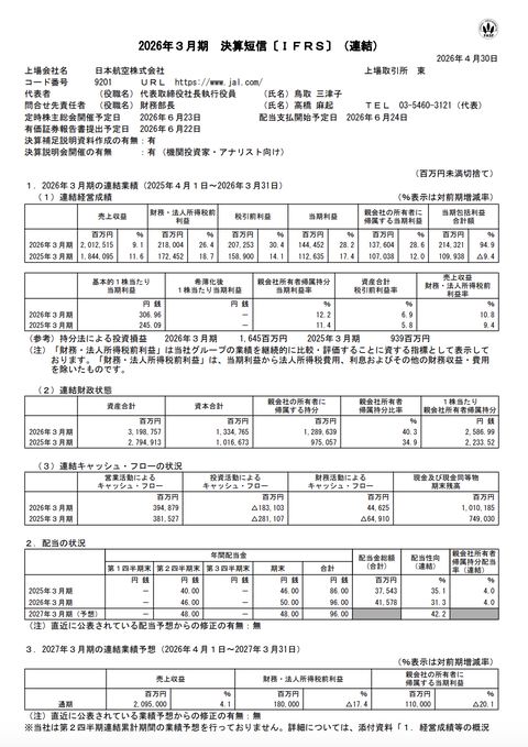 日本航空 2026年3月期通期決算
