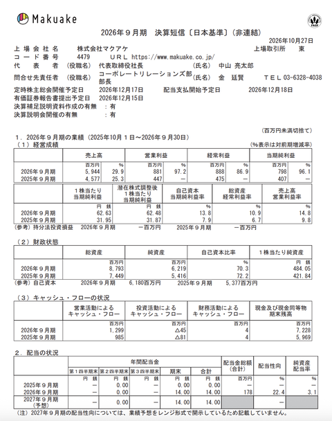 マクアケ 2026年9月期通期決算