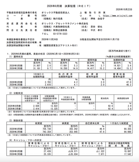 オリックス不動産投資法人 2026年8月期通期決算