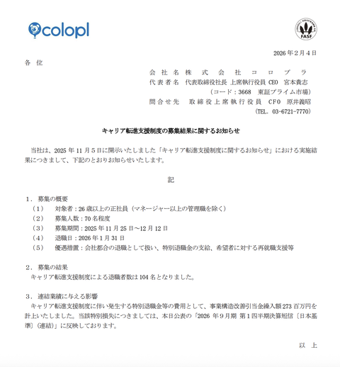 コロプラが希望退職者募集の結果を発表  104名が応募