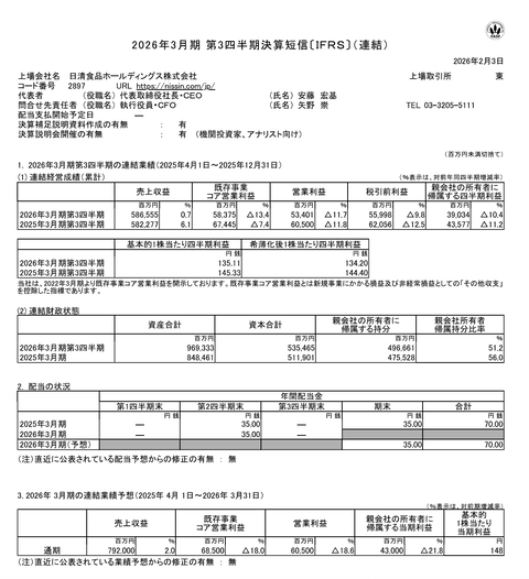 日清食品HD 2026年3月期第3四半期決算