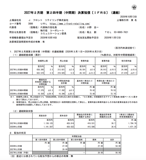 J.フロント リテイリング 2027年2月期第2四半期決算