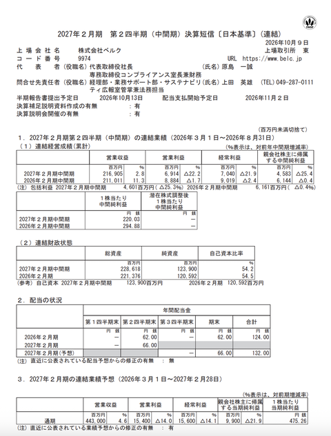 ベルク 2027年2月期第2四半期決算