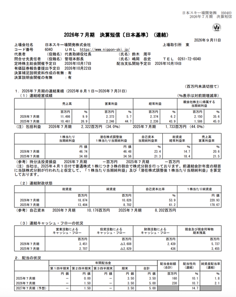 日本スキー場開発 2026年7月期通期決算