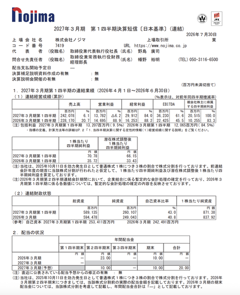 ノジマ 2027年3月期第1四半期決算