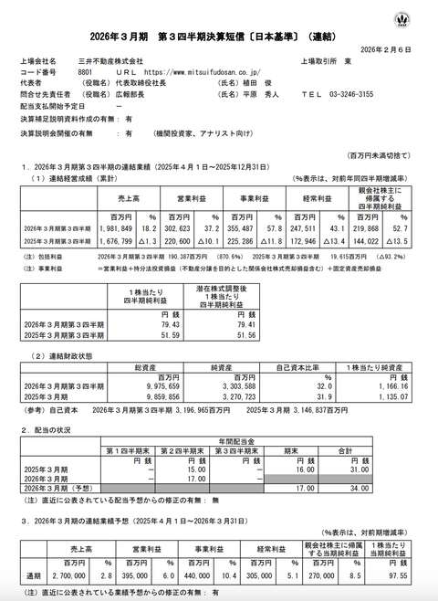 三井不動産 2026年3月期第3四半期決算